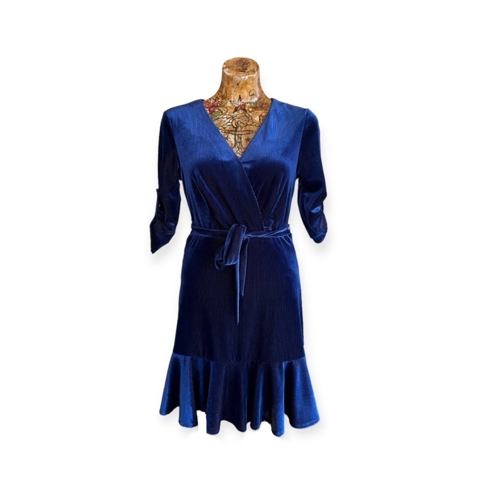 City Studio dress blue v neck ruffles blue medium party